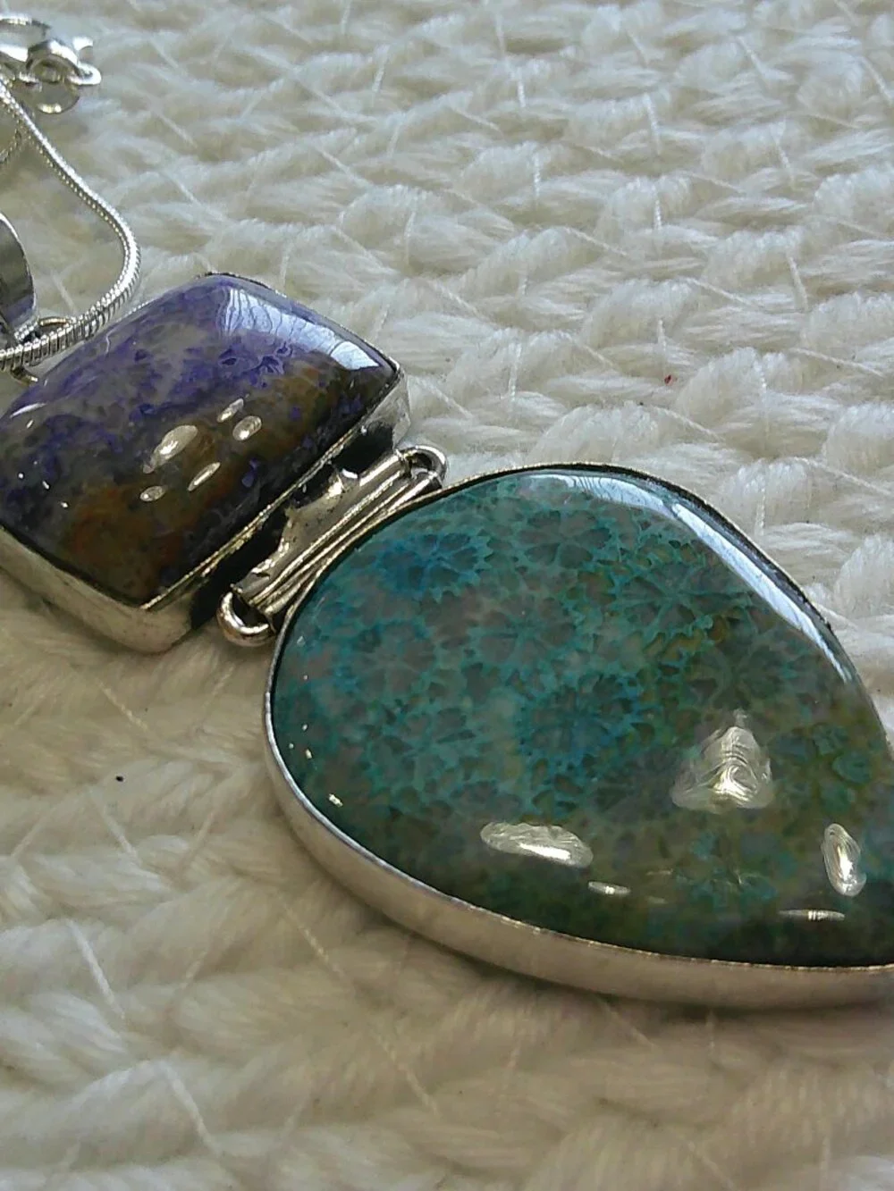 Gorgeous PURPLE & TEAL FOSSIL CORAL Handmade Sterling 925 Pendant/Chain #79F
